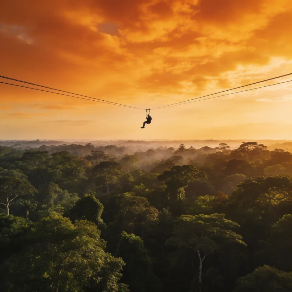 Zipline rider above the rainforest canopy at golden hour, Instagram post generated by Mavic for an example adventure park