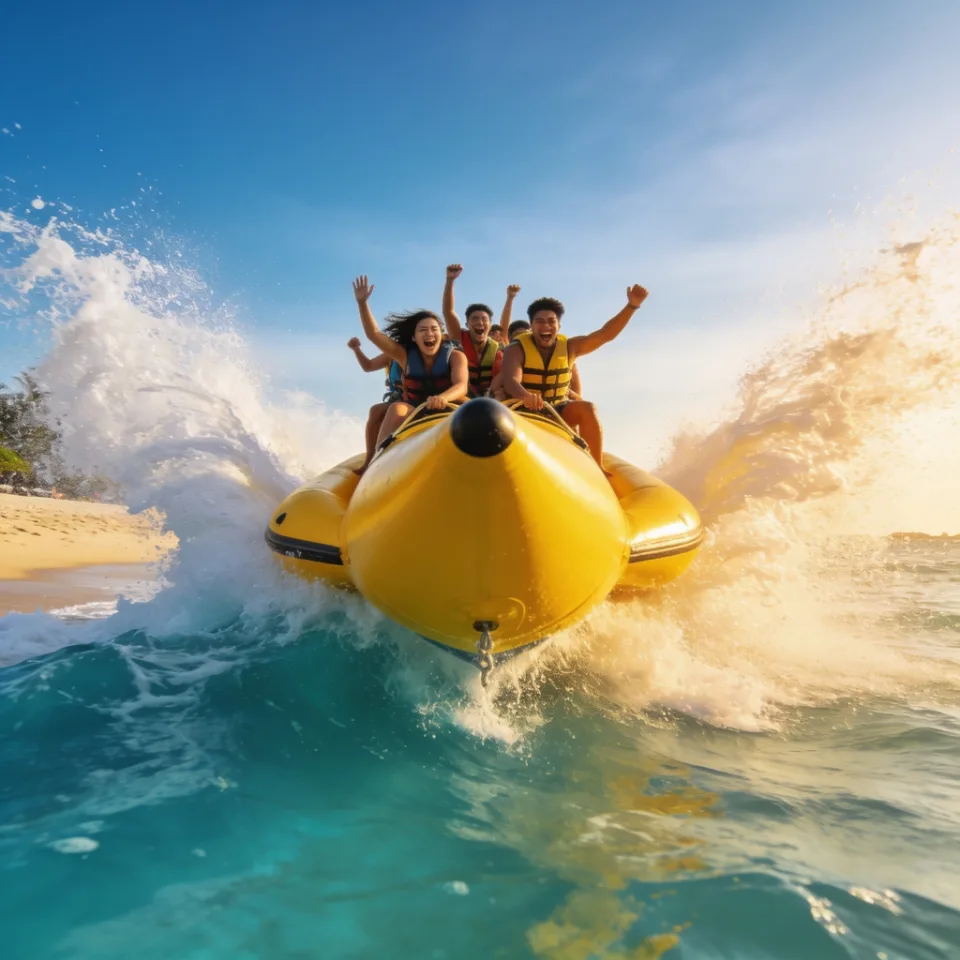 Riders on a yellow banana boat splashing through turquoise sea on a sunny day (Splash Bay, generated by Mavic)