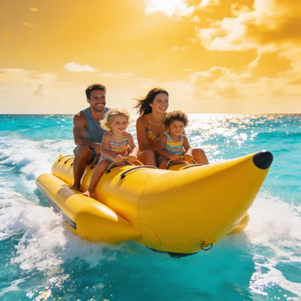 Family laughing on a yellow banana boat ride, Instagram post generated by Mavic for an example attraction