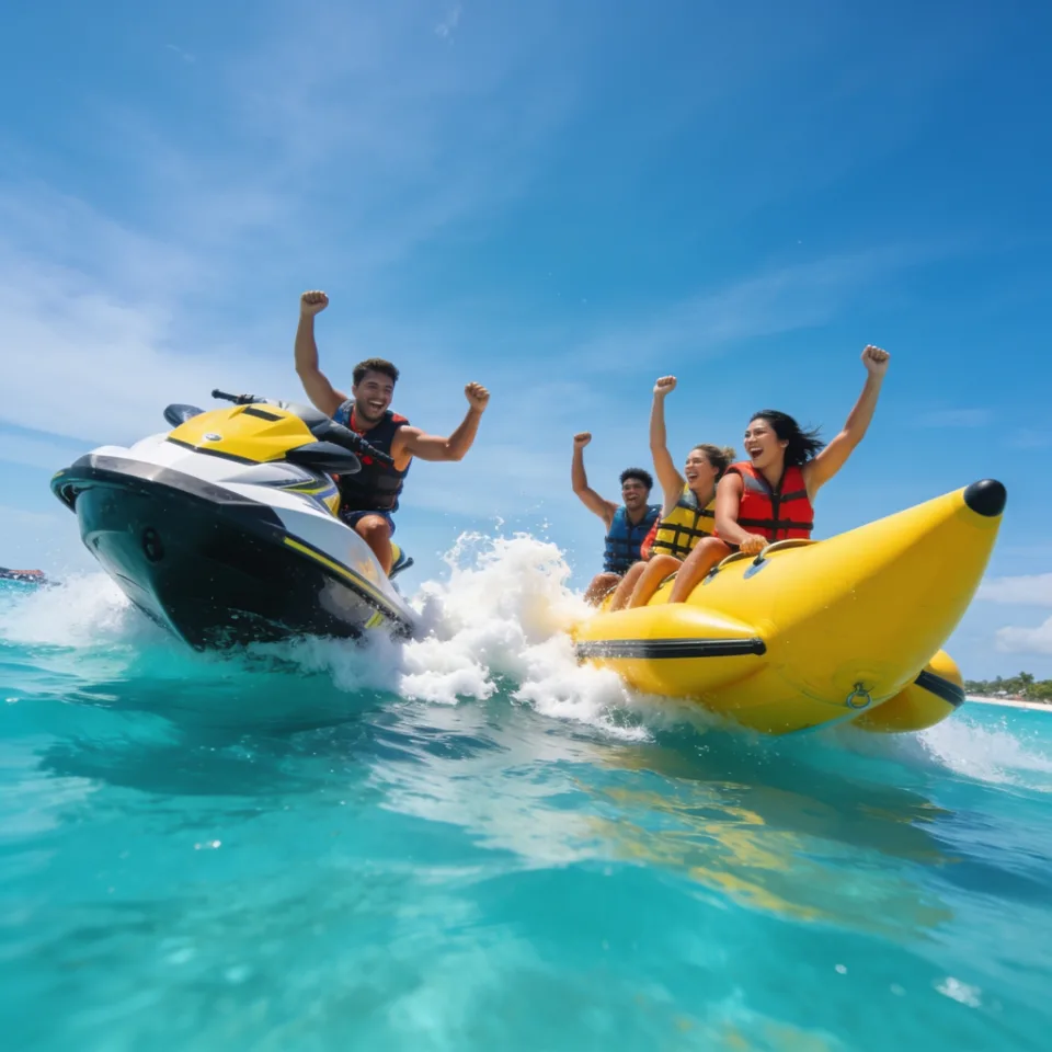 Jet ski racing alongside a banana boat full of cheering riders (Splash Bay, generated by Mavic)