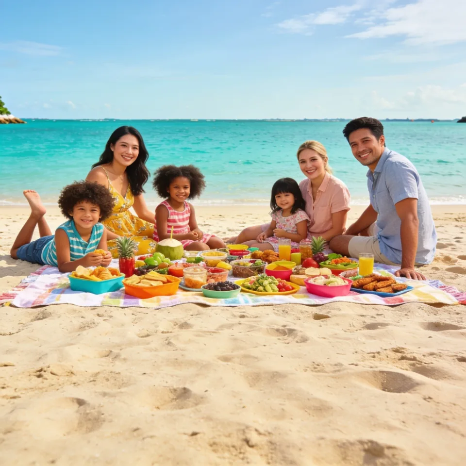 Family beach picnic on the sand after a banana boat ride (Splash Bay, generated by Mavic)