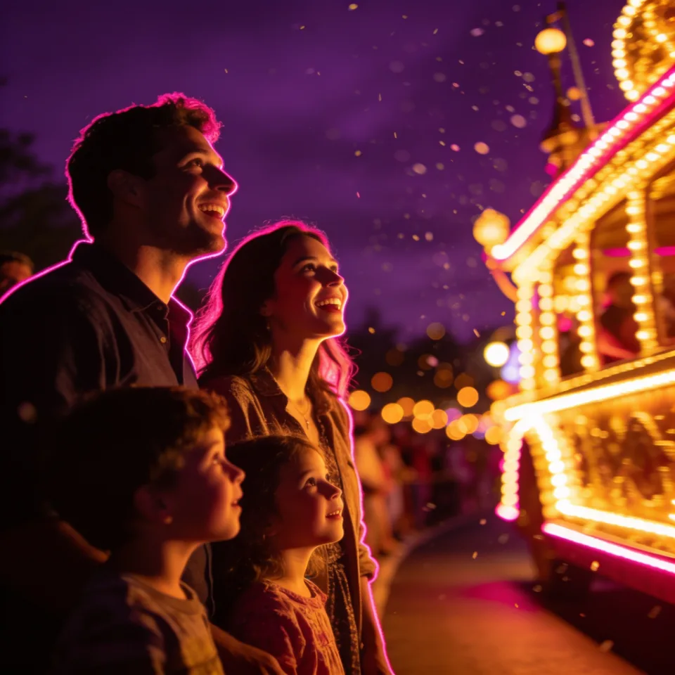 Family watching a glowing night parade float, Instagram post generated by Mavic for an example theme park